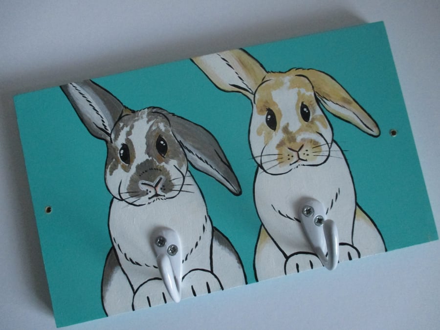 Custom Pet Portrait Bunny Rabbit Coat Hook Rack Hanger Original Painting Art