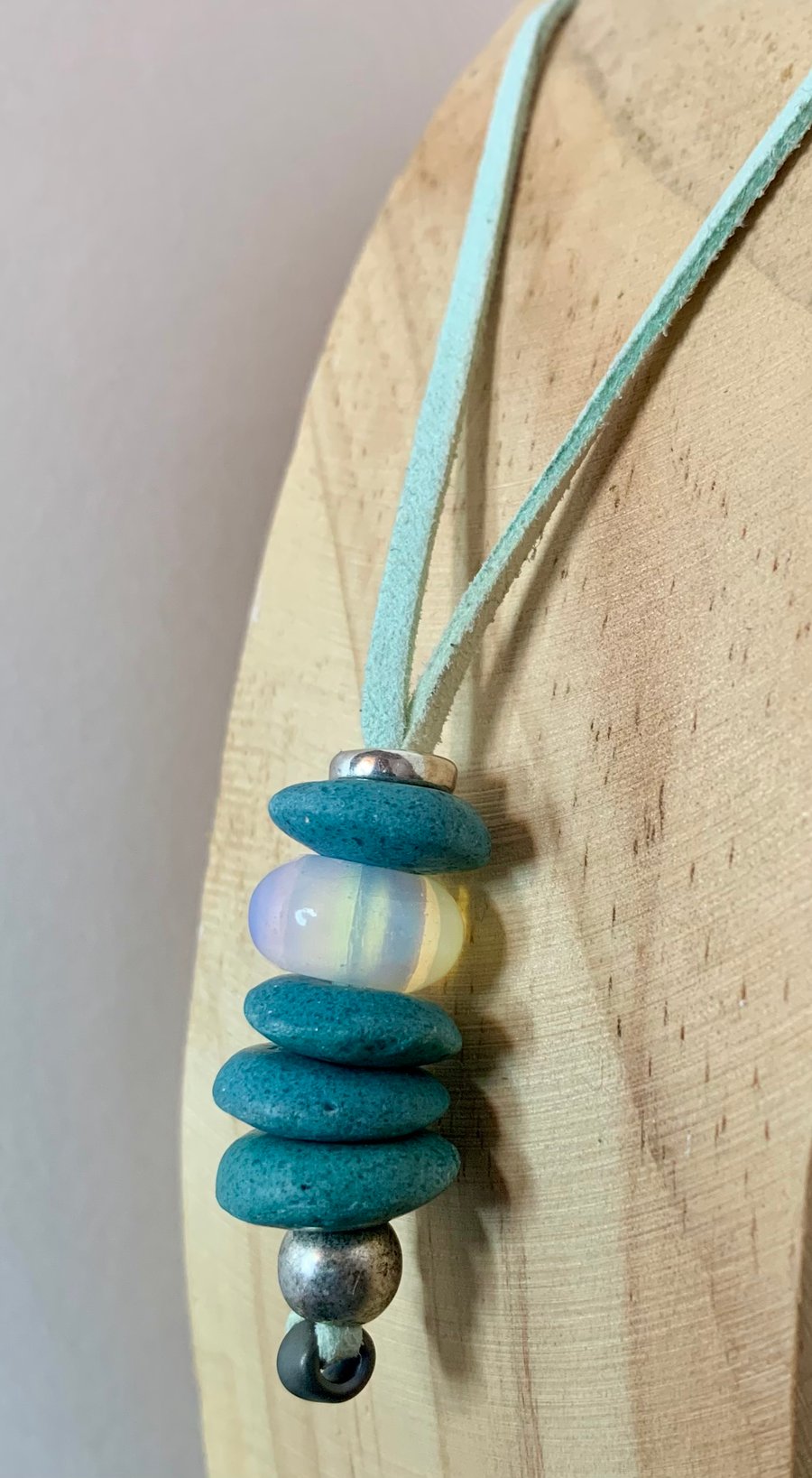 Ashanti glass saucer beads with Opalite moon stone 