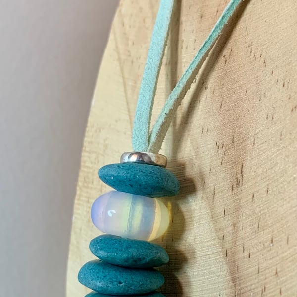 Ashanti glass saucer beads with Opalite moon stone 