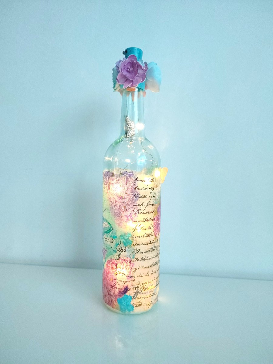 Lily flowers, bottle lamp, decoupaged bottle with lights, LED fairy lights, deco