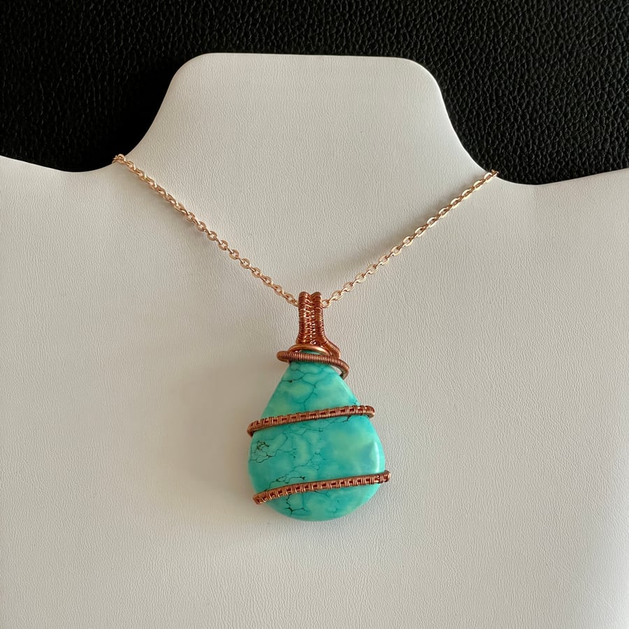 Wire Wrapped Magnesite Turquoise Teardrop Pendant