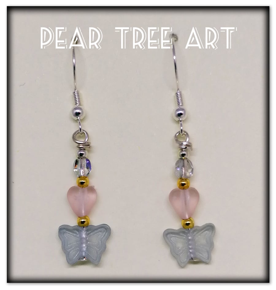 Small heart and butterfly bead earrings on Silver  plated hooks.