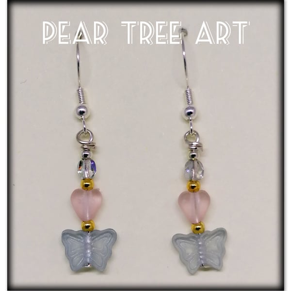 Small heart and butterfly bead earrings on Silver  plated hooks.
