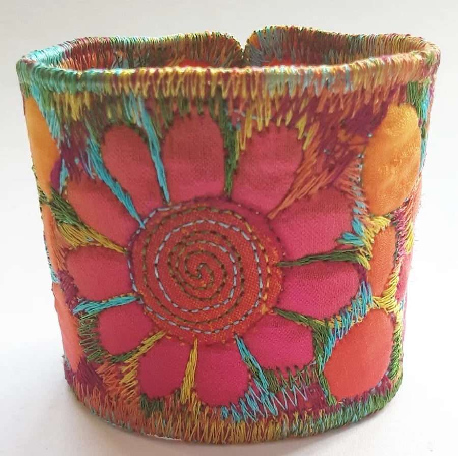 Reserved for K Textile - Cuff - Fabric Bracelet with Free Machine Embroidery 