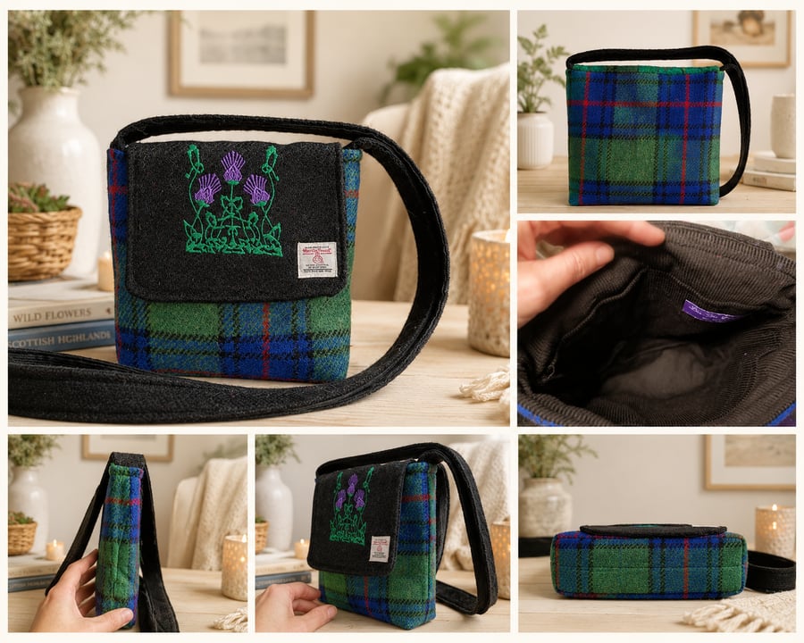 Harris Tweed Tartan Crossbody Bag with Thistle