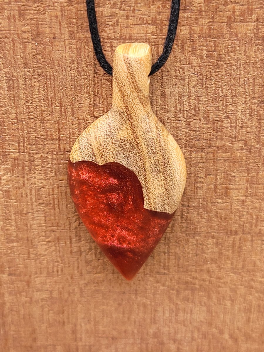 Olive wood and red resin pendant - free UK postage