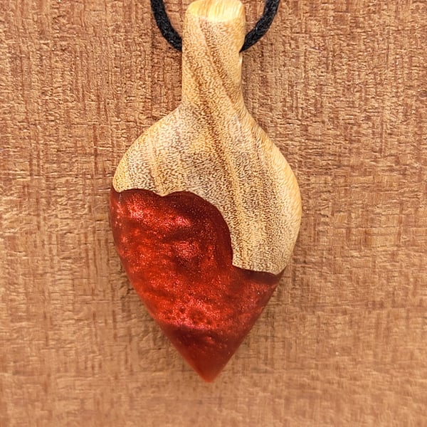 Olive wood and red resin pendant - free UK postage