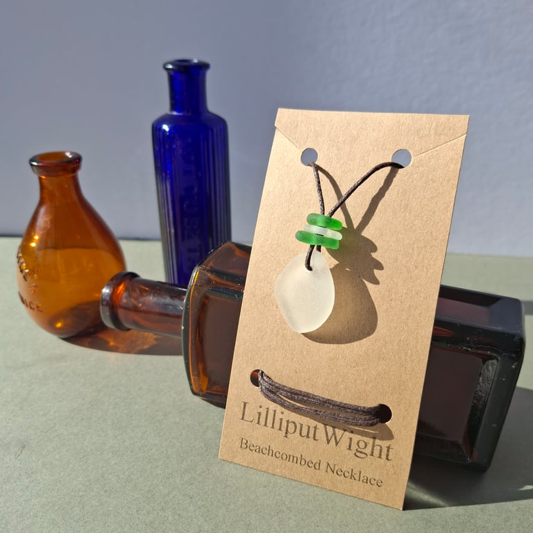 Beachcombed Necklace, Green and White Sea Glass on a Cotton Cord 