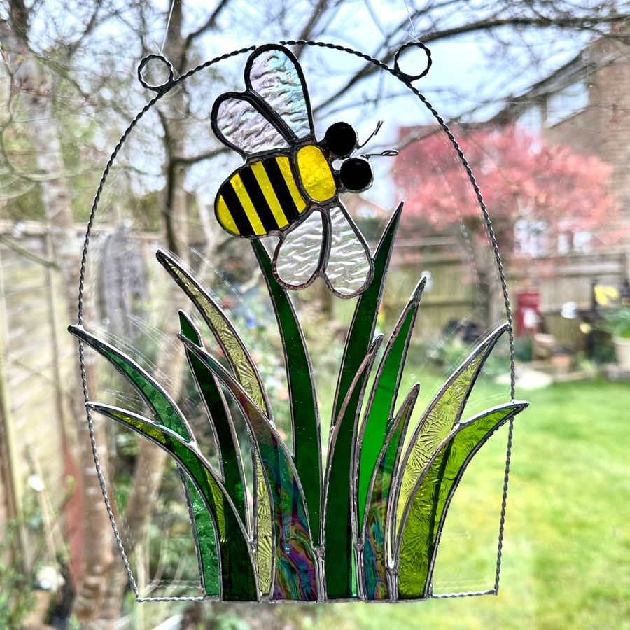 Stained Glass Bee over Grass Suncatcher 3 - Handmade Window Decoration 