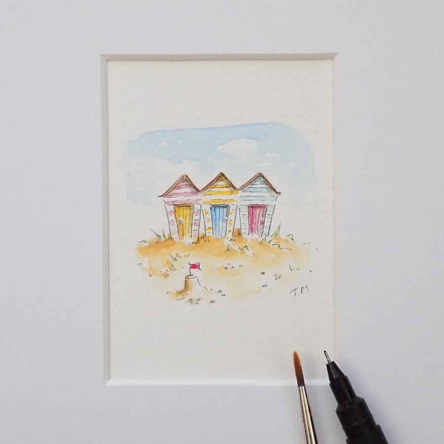 SALE   Miniature Watercolour Seaside Painting  5 cm x 5.5 cm  SALE