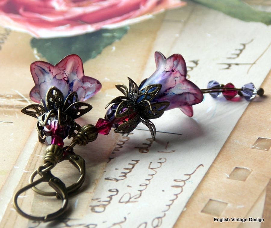 Mauve Purple "Rosa Gallica" Hand Painted Lucite Flower Earrings, Floral Boho