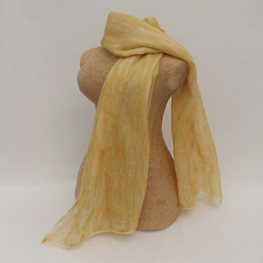 Silk scarf, nuno felted, yellow, orange and green