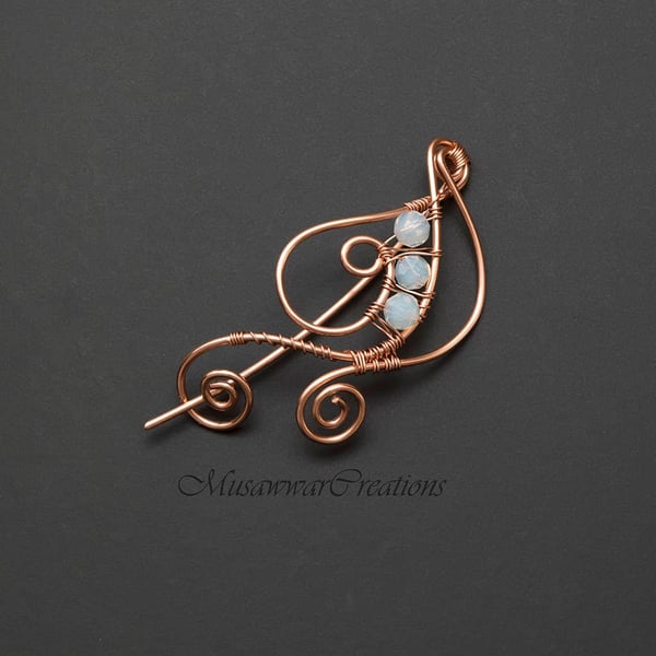 Pale white crystal agates copper shawl pin,copper wire scarf pin, sweater pin, 