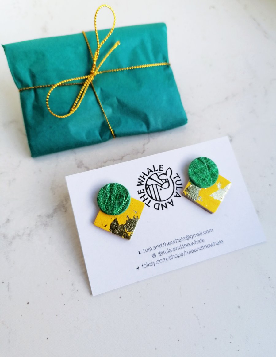  Statement Stud Leather Earrings - Sunshine Yellow, Emerald & Gold Leaf