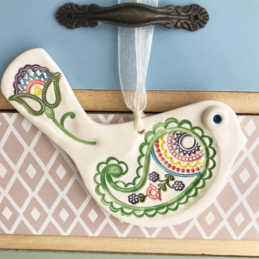 Seconds sale Ceramic bird decoration with patterned wing and tail 