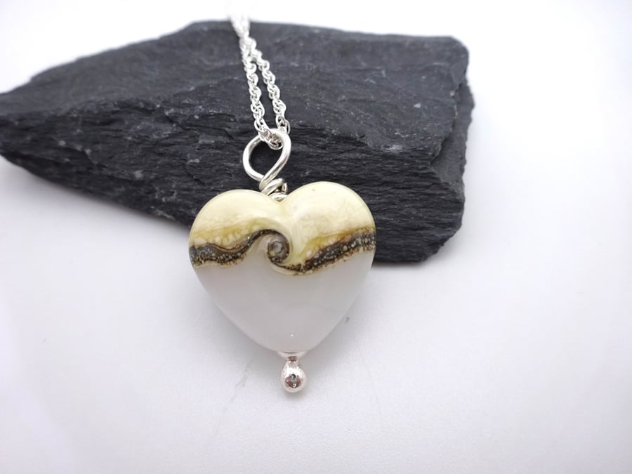 white and ivory lampwork glass heart necklace