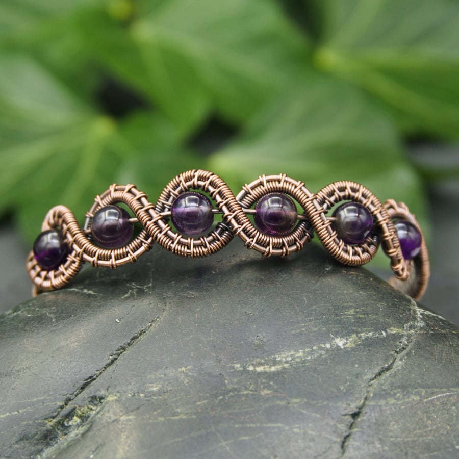 SALE - Copper Wire Woven Beaded Wave Bracelet with Amethyst