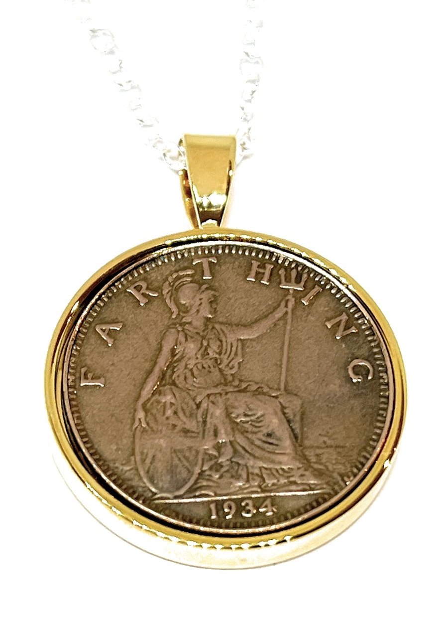 1934 90th Birthday Anniversary Farthing coin in a Gold Plated Pendant mount