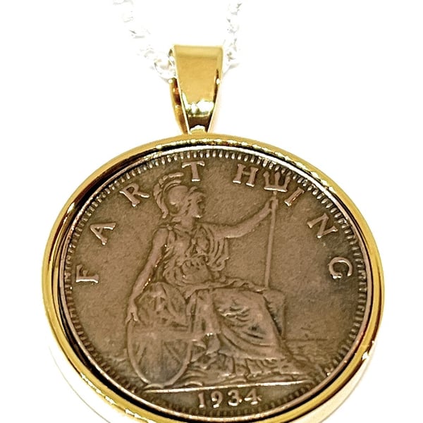 1934 90th Birthday Anniversary Farthing coin in a Gold Plated Pendant mount