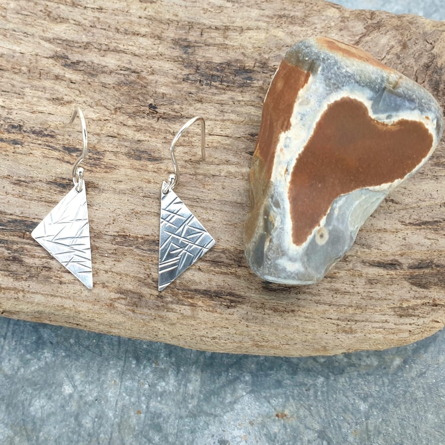 Textured triangular sterling silver earrings