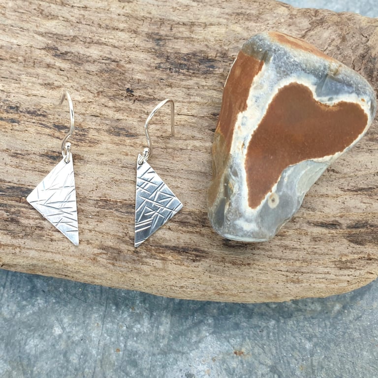 Textured triangular sterling silver earrings