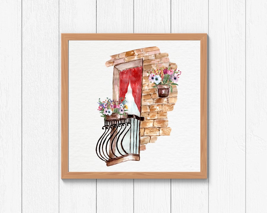 Vintage balcony with flowers wall print, provence wall decor, provence wall art