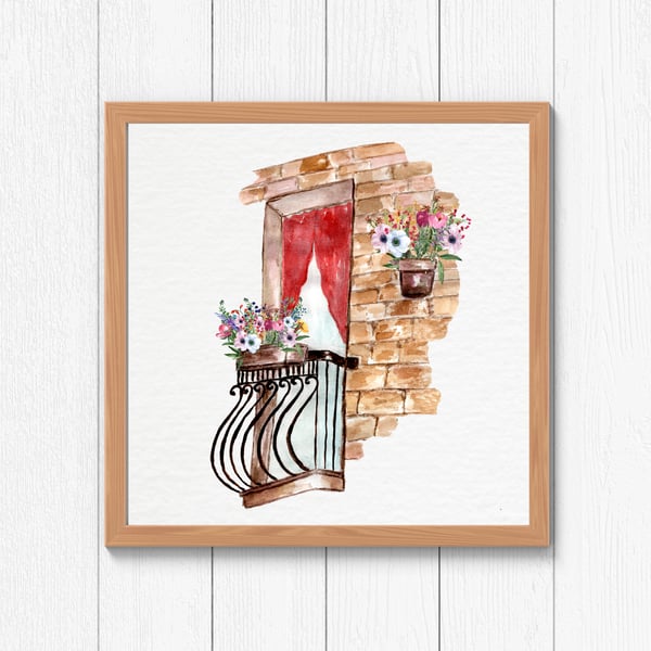 Vintage balcony with flowers wall print, provence wall decor, provence wall art