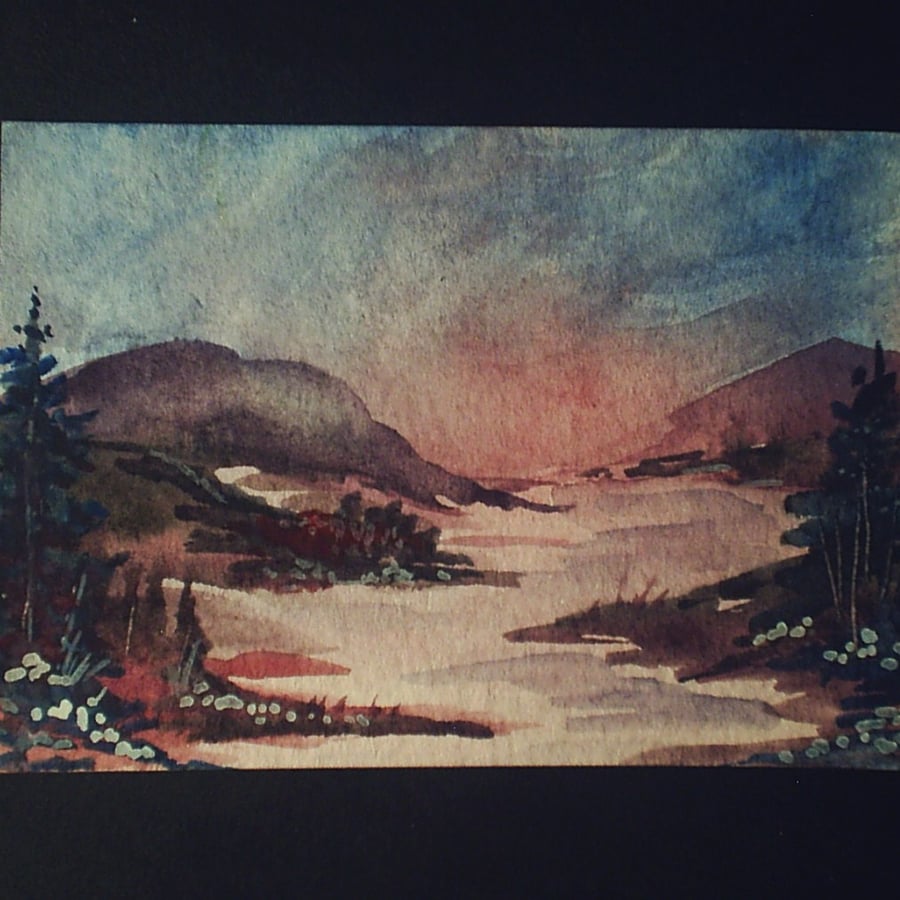 aceo SFA original miniature watercolour painting landscape Mountain river