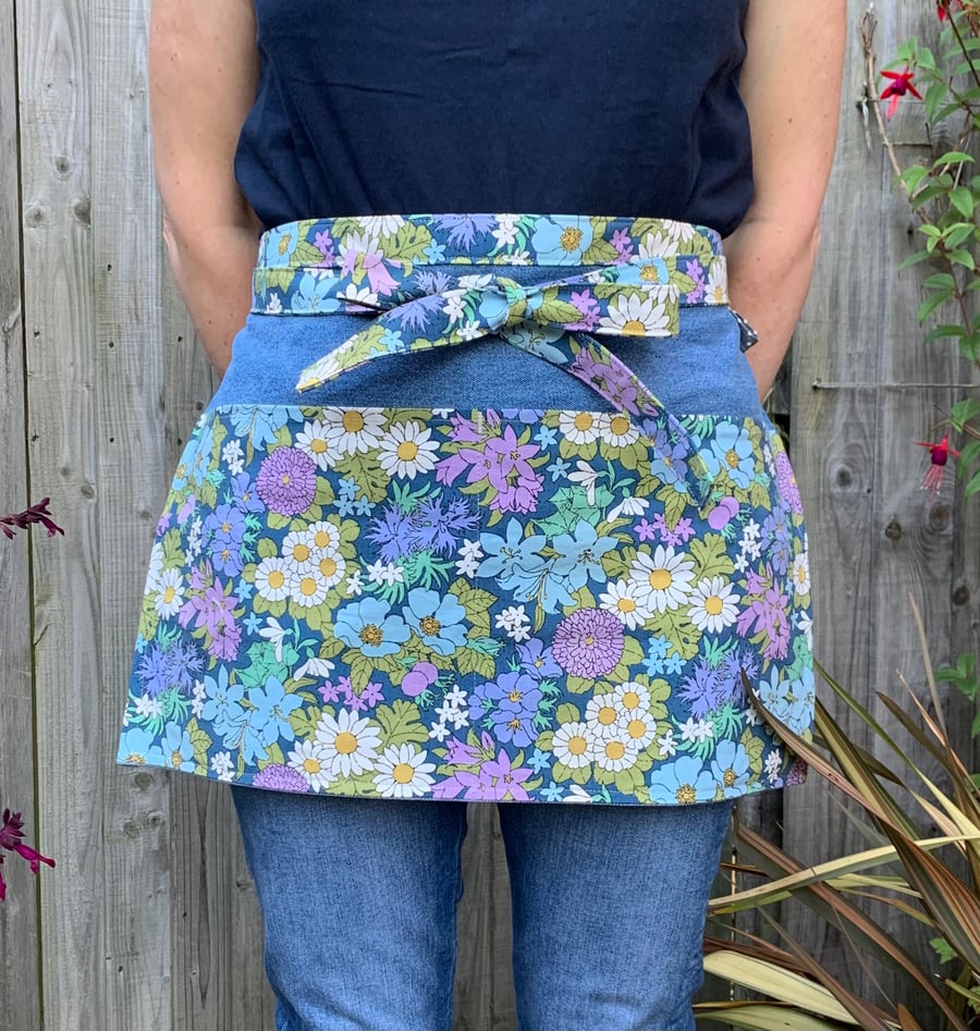 Vintage floral and denim half apron