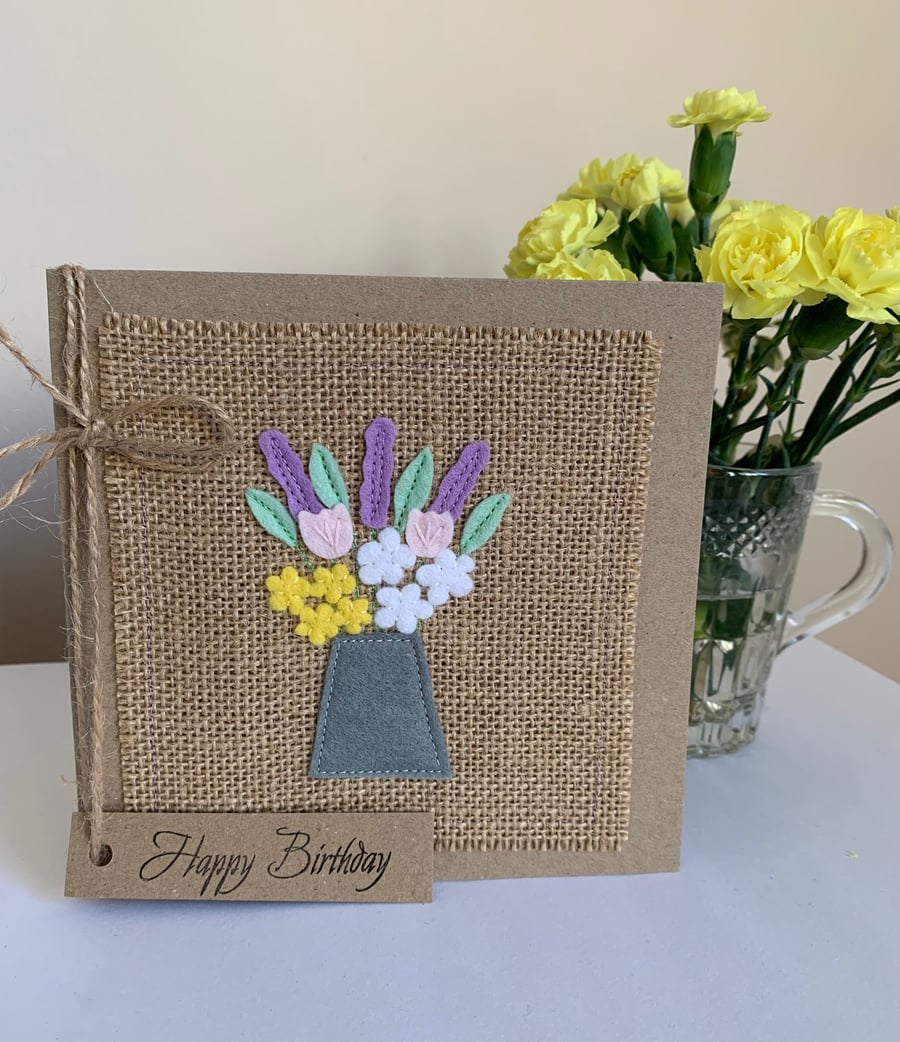 Birthday Card Pastel flowers in a vase, felt, handmade. 