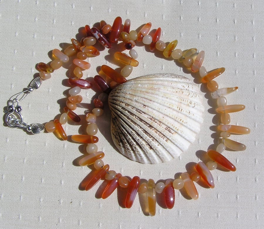 Orange Carnelian & Peach Aventurine Gemstone Chunky Statement Beaded Necklace