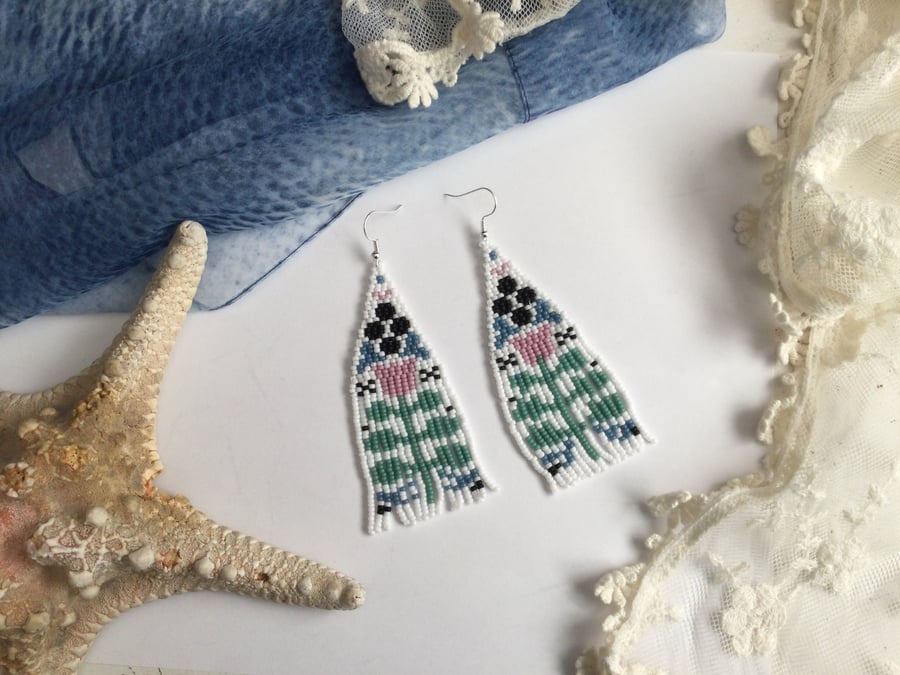 Earrings, Beautiful folk art flower design fringe earrings, gift for her