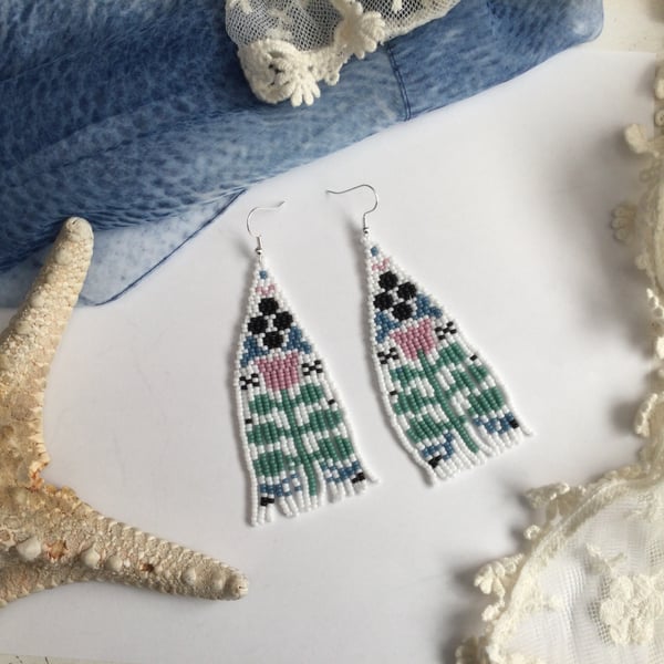 Earrings, Beautiful folk art flower design fringe earrings, gift for her