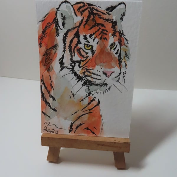ACEO Animal Art Tiger Watch Original Watercolour Ink Painting OOAK 