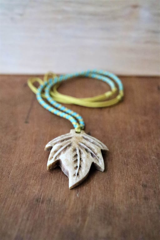 Upcycled Leave Design Bone or Horn Pendant - Adjustable String necklace