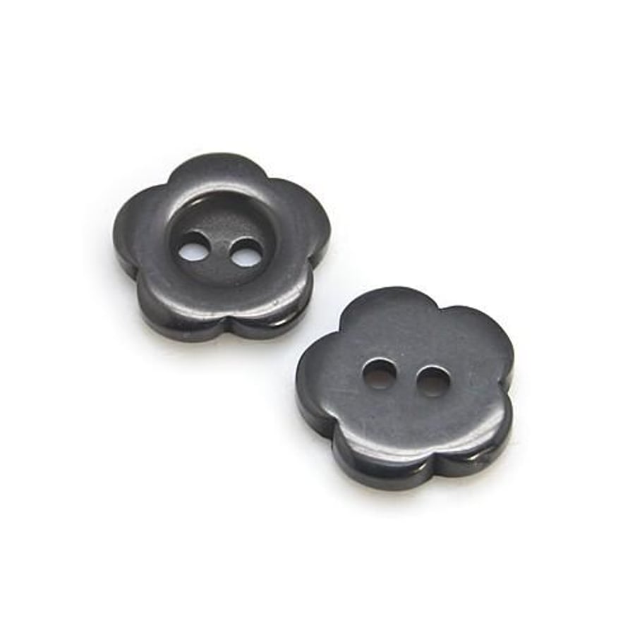 Black Flower Resin Buttons - 15mm, 2-Hole - Packet of 20x for Sewing and Craftin