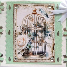 Blue Flower Birdcage Hand Crafted Decoupage Card - Blank (2565)