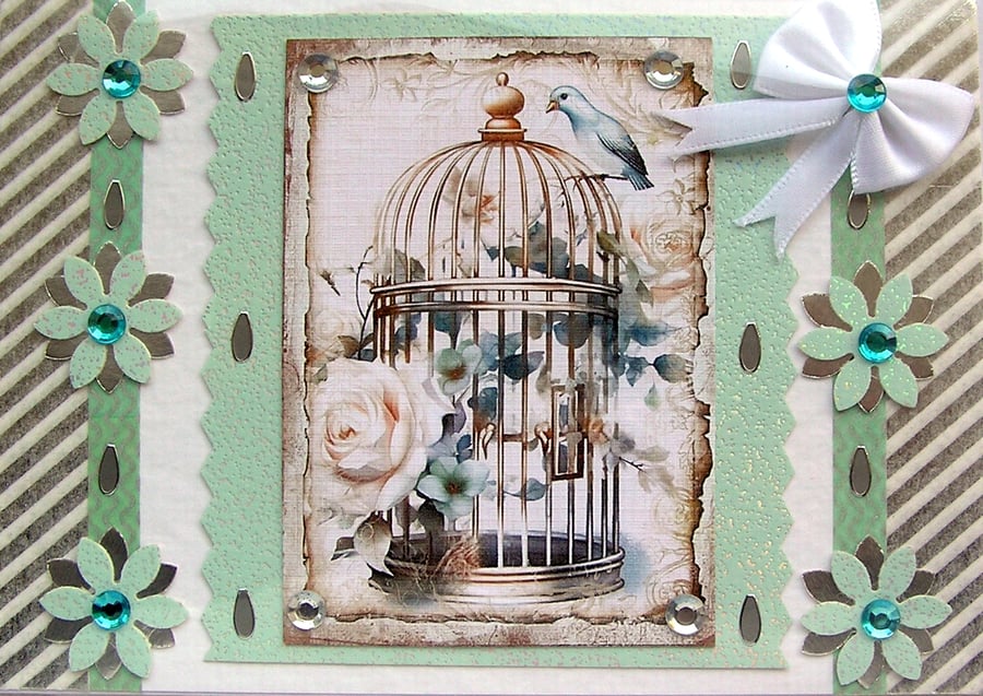 Blue Flower Birdcage Hand Crafted Decoupage Card - Blank (2565)