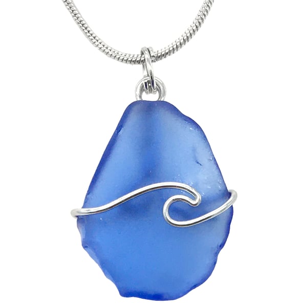 Blue Scottish Sea Glass Wave Pendant Necklace Silver Wire Seaglass Jewellery