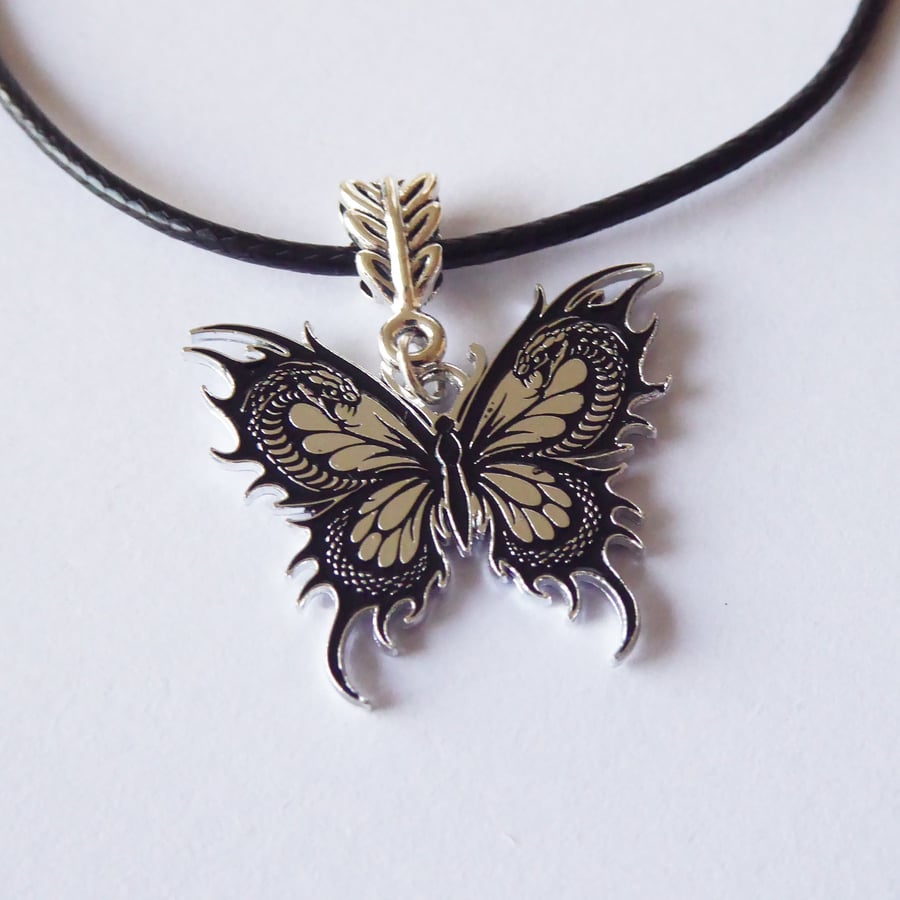 Enamelled Butterfly Snake Pendant with Adjustable Black Cord Necklace