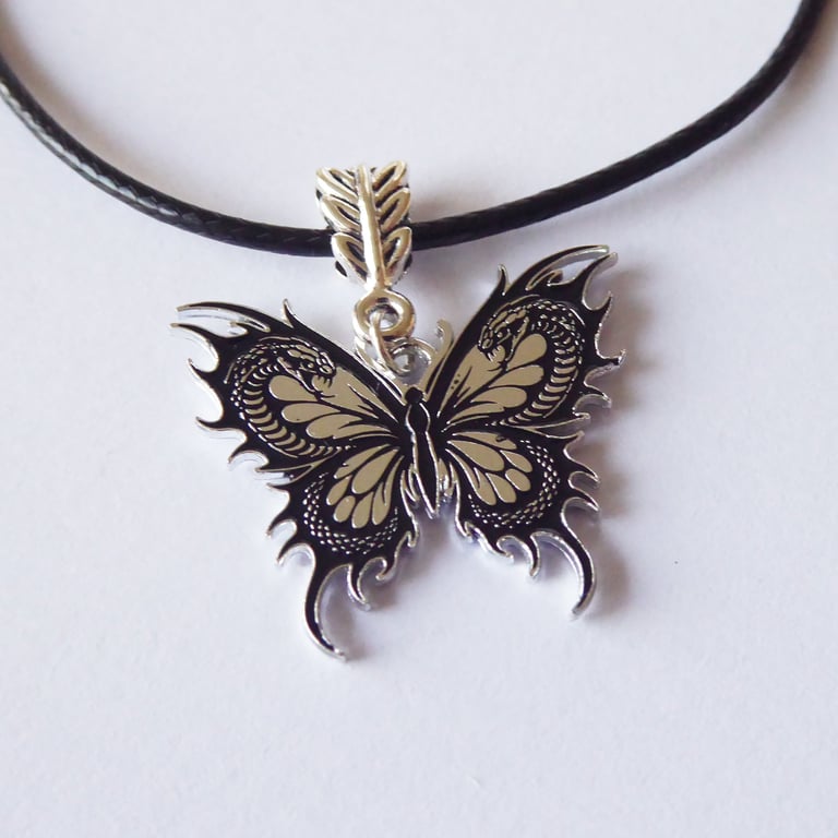 Enamelled Butterfly Snake Pendant with Adjustable Black Cord Necklace