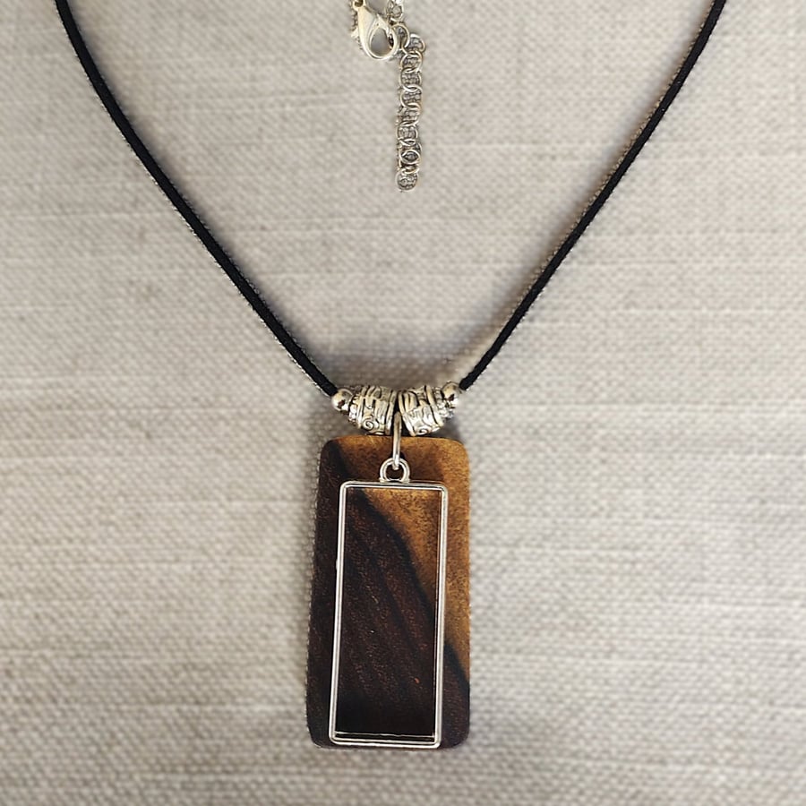Upcycled Rectangle Wood Pendant & Steel Frame Short Length Unique Wood Necklace