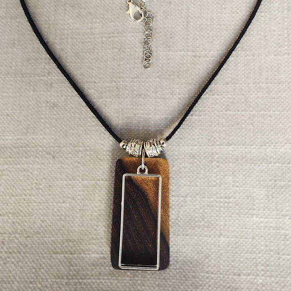 Upcycled Rectangle Wood Pendant & Steel Frame Short Length Unique Wood Necklace