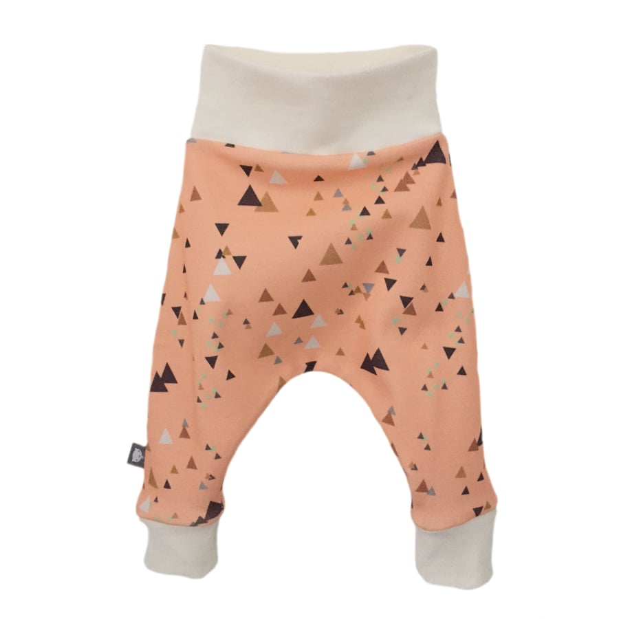 ORGANIC Baby HAREM PANTS Relaxed CORAL GEOMETRIC TRIANGLES Trousers - GIFT IDEA 