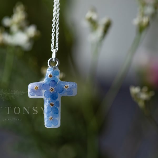 Christian Cross Necklace with Forget Me Nots