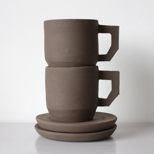 Espresso Cup with Open Handle and Saucer - Chocolate Brown