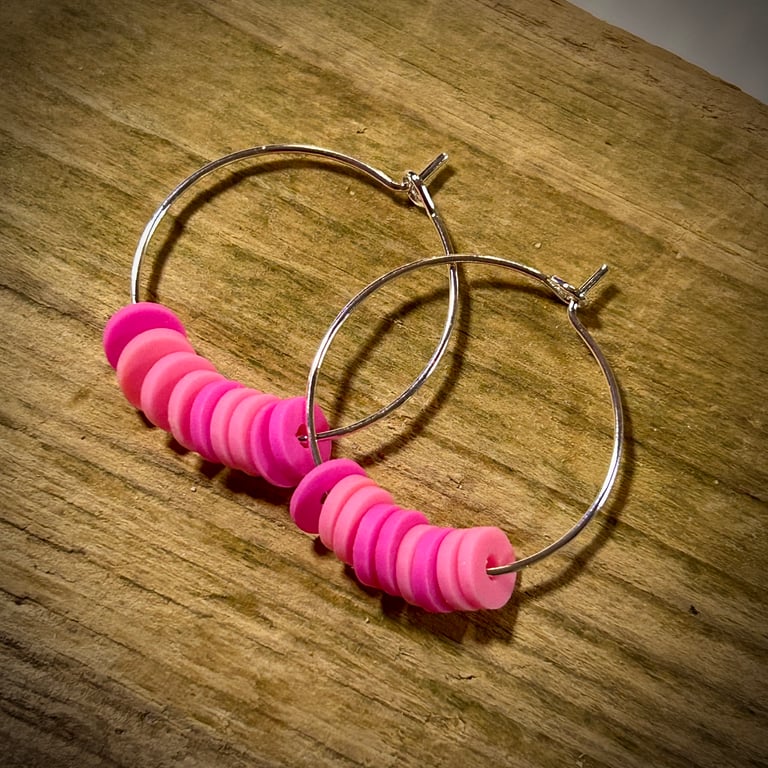 Silver Plated Hoop Earrings with Pink Polymer Beads