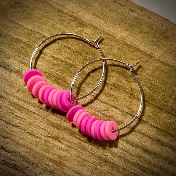 Silver Plated Hoop Earrings with Pink Polymer Beads
