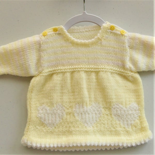 Hand Knitted Lemon Dress with White Heart Decoration, Baby Girl Dress