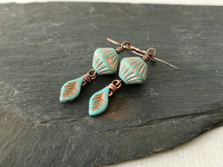 Mint green and turquoise Czech glass and copper earrings